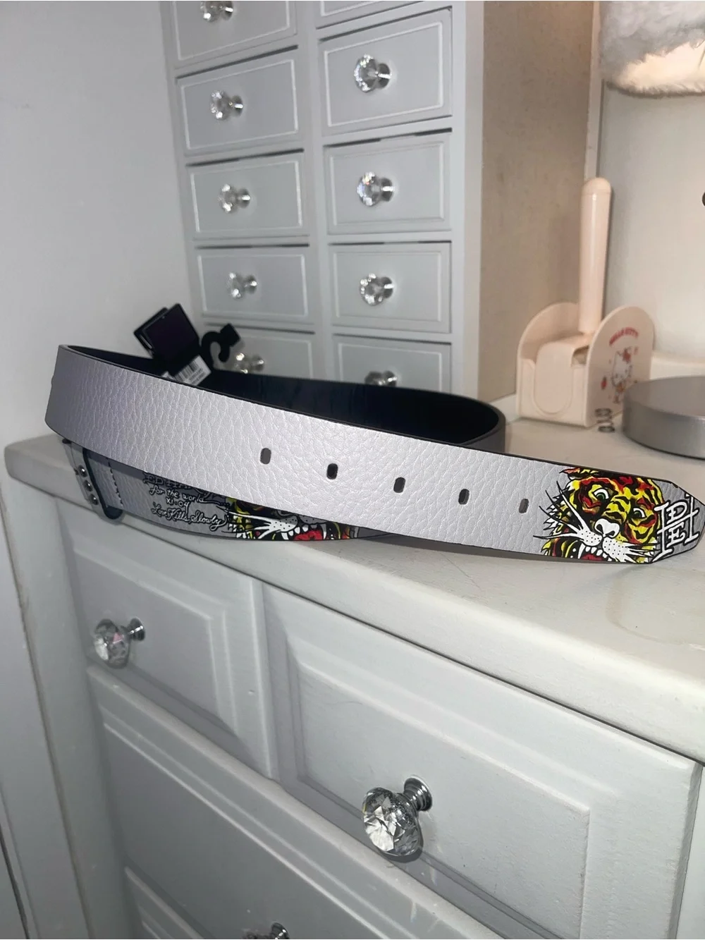 NWT Ed Hardy Men's Silver Graphic Leather Belt